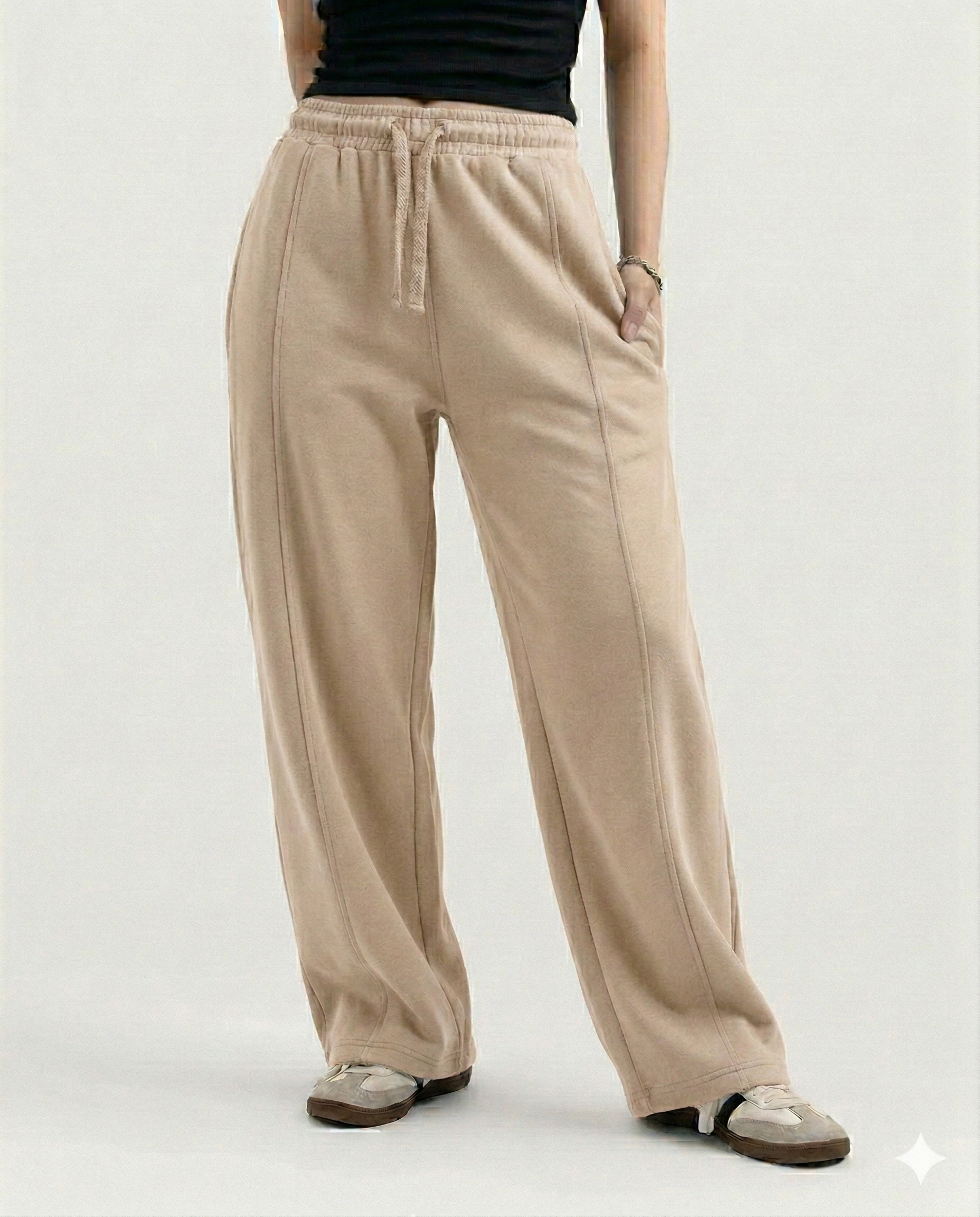 Beige Cotton Jersi Straight Fit Trouser